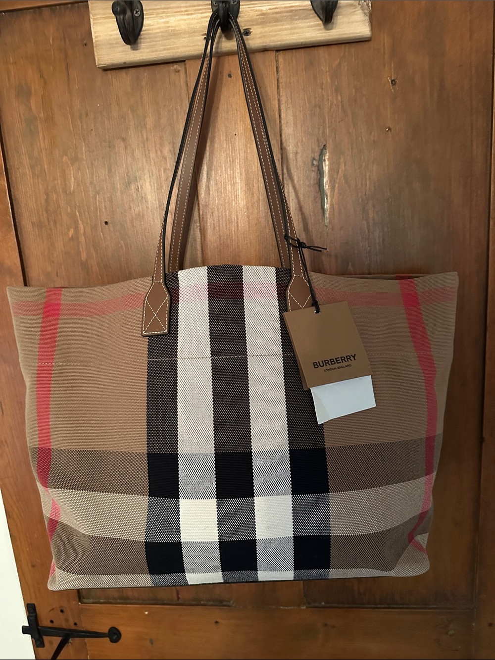 Burberry London Check Canvas Tote with Brown Leather Straps - Picture 10 of 13